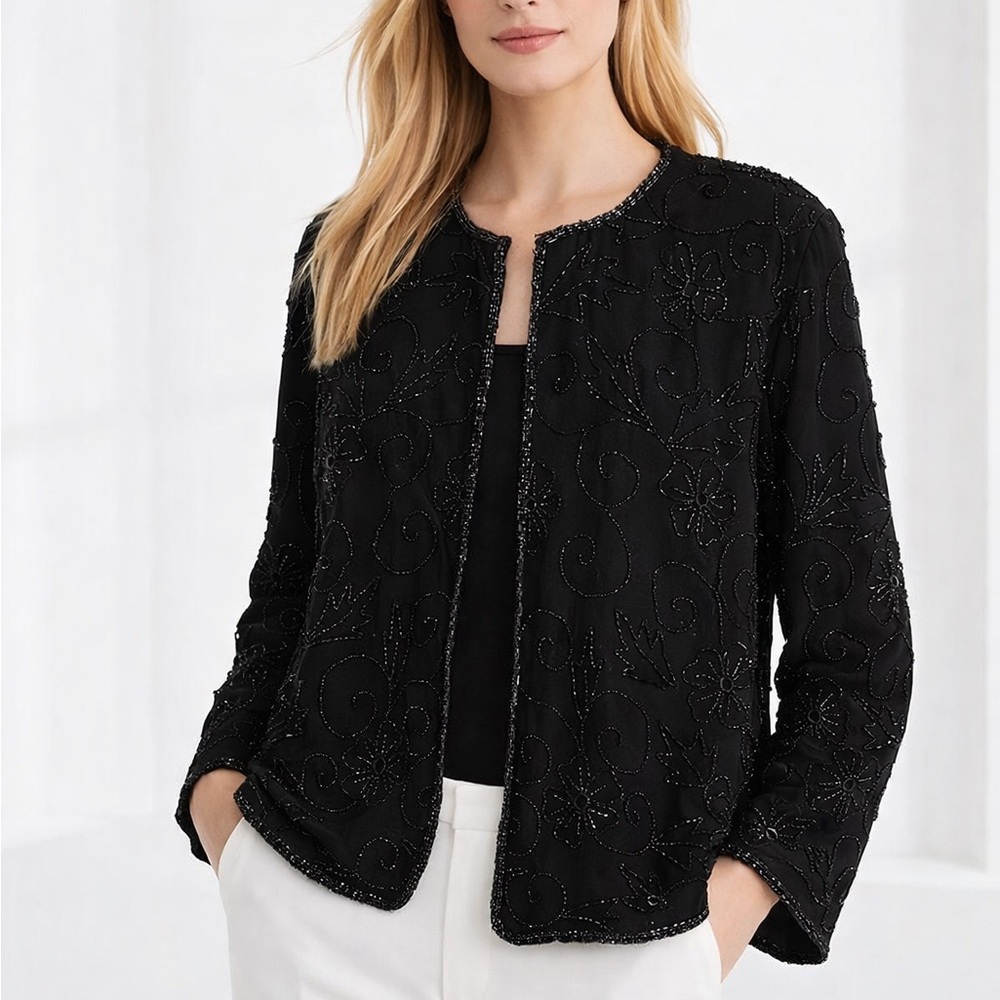 Vintage Black Beaded Floral  Jacket Top Closure